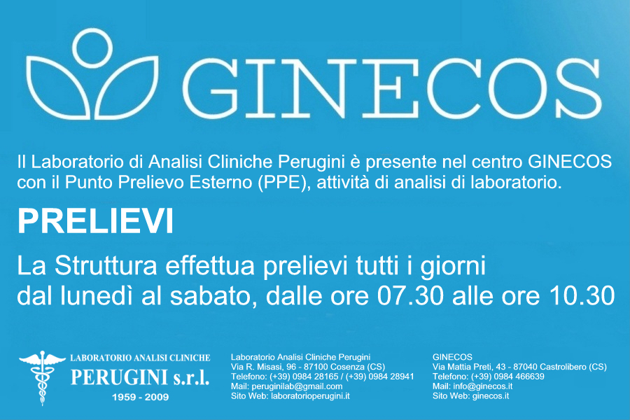 Il Laboratorio di Analisi Cliniche Perugini è presente nel centro GINECOS con il Punto Prelievo Esterno (PPE)